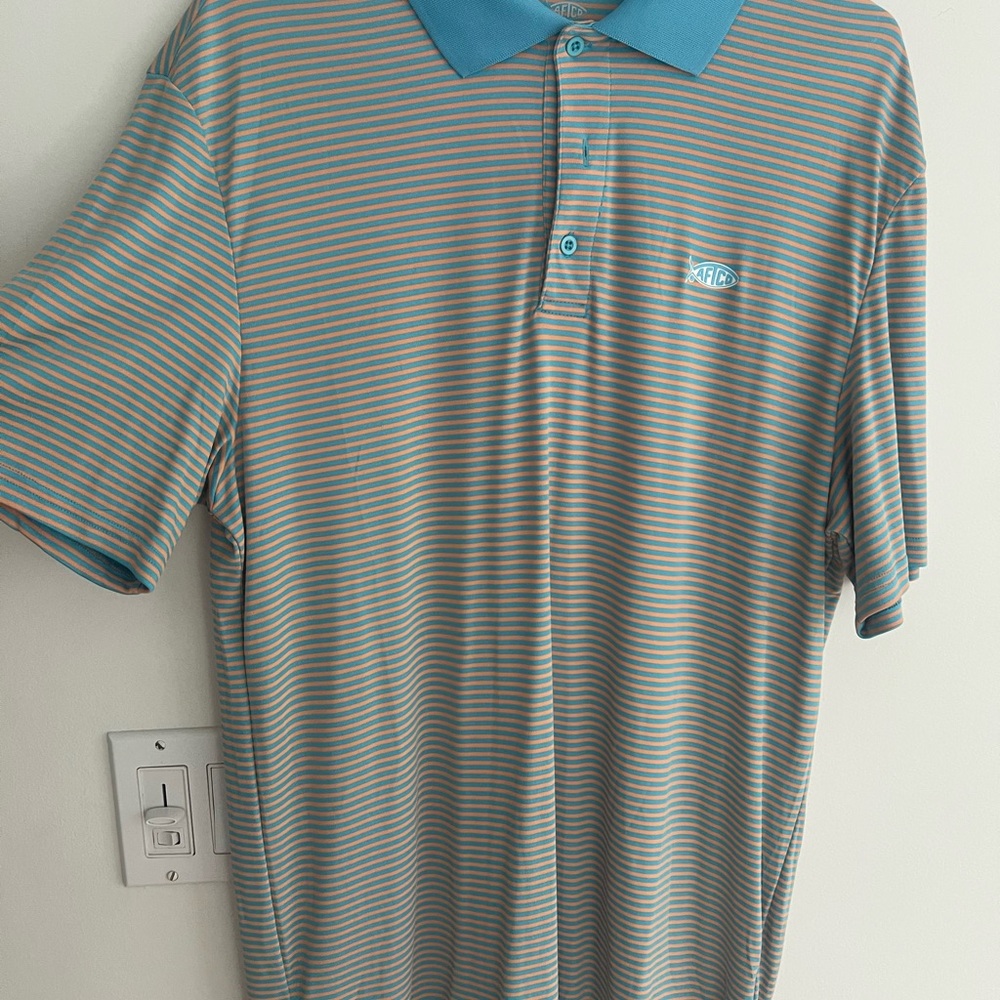 AFTCO Blue and peach striped polo